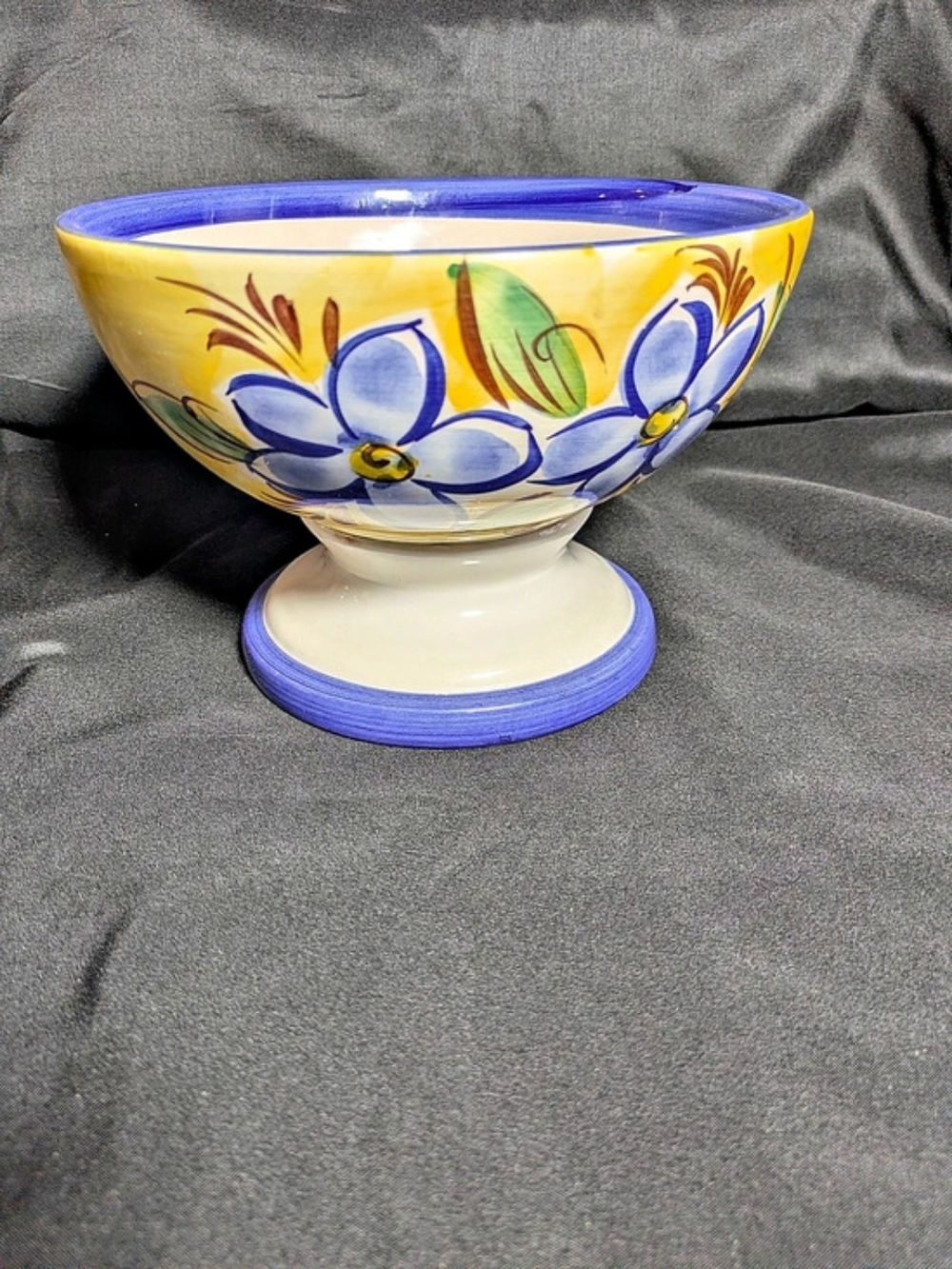 Hand-Painted Portugal Ceramic Footed Fruit Bowl Blue Flowers Cottagecore Vintage